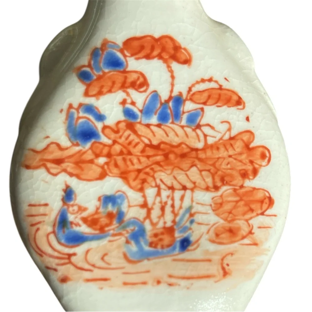 Vintage Chinese Ironstone Snuff Bottle Hand Painted Orange Floral Asian Scene 3